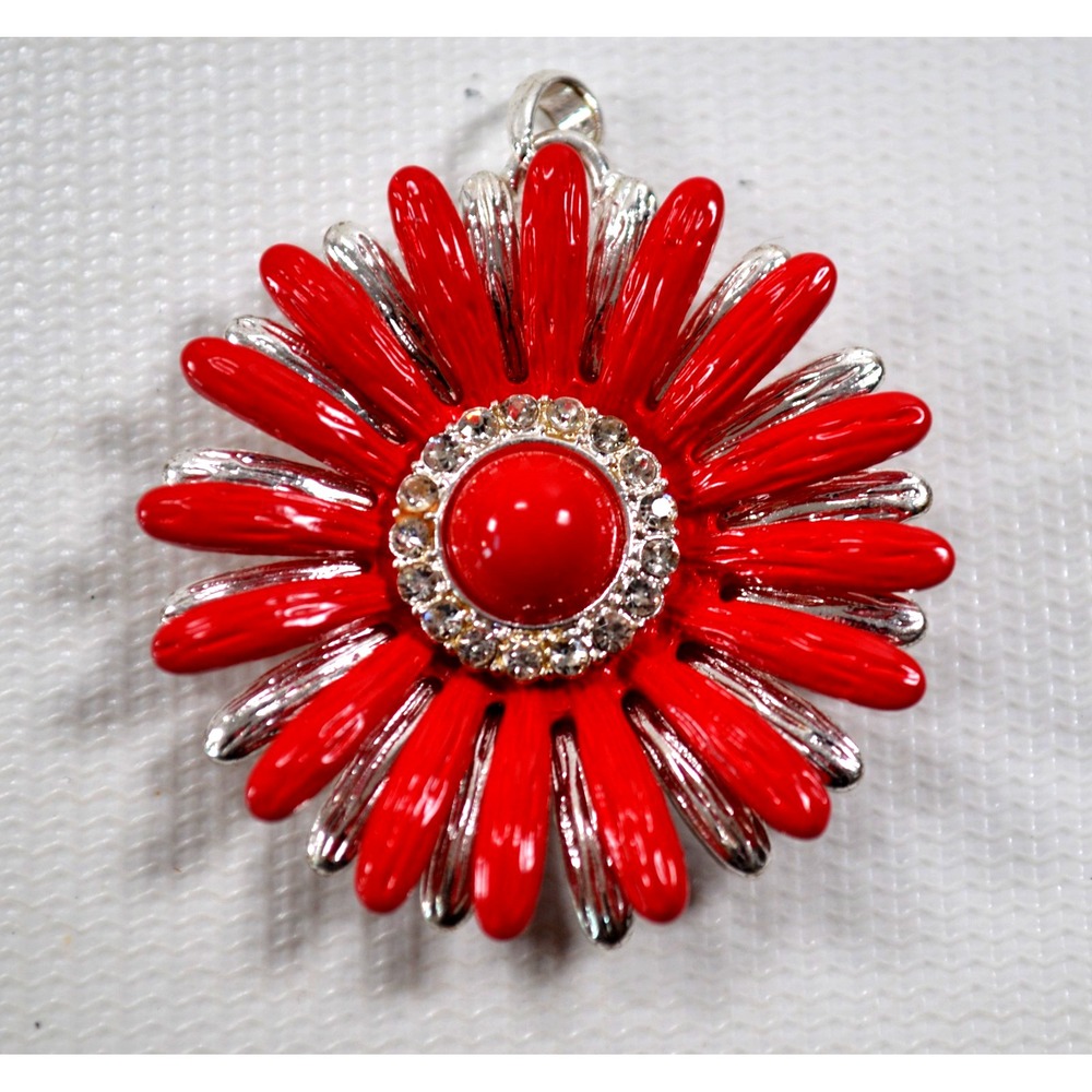 Silver Tone & Red Flower Sunflower Pendant 1.75"